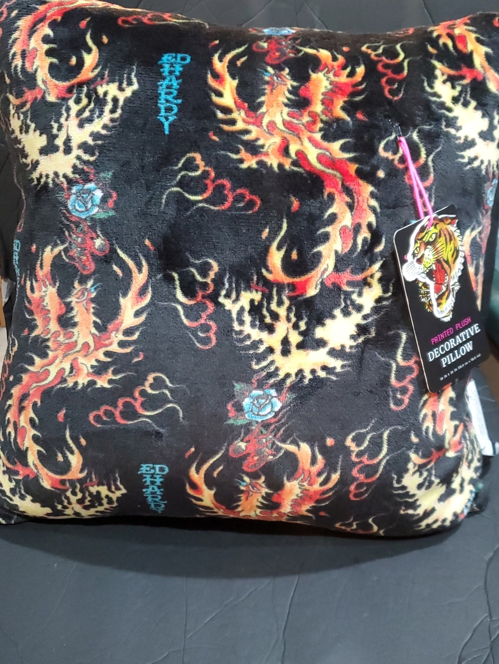 Ed Hardy black velvet plush fiery dragon blue rose print throw decor pillow new
